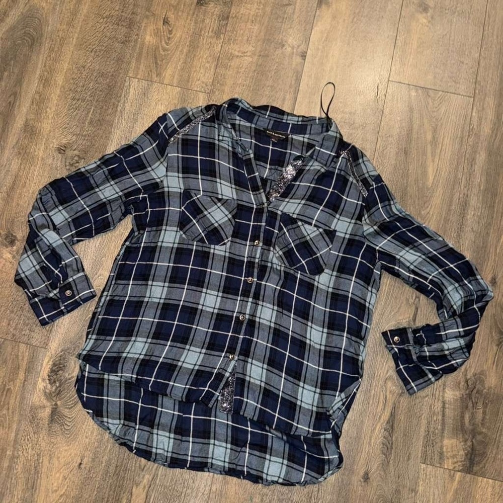 Rock & Republic Women XL ButtonUp Shirt Plaid Long Sleeve Glitter Trim Cabincore